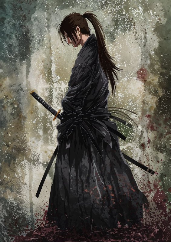 Anime style medium shot of a warrior or samurai