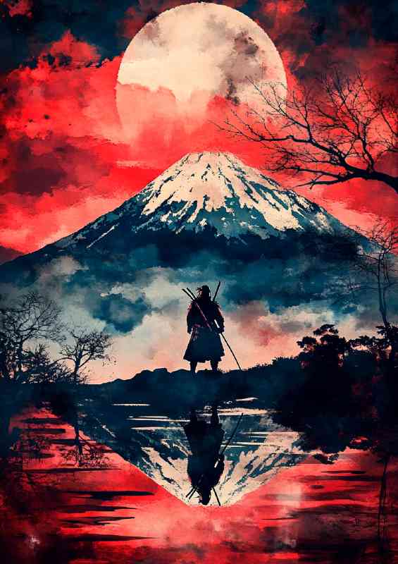 Samurai standing in front of Mount Fuji a red sky