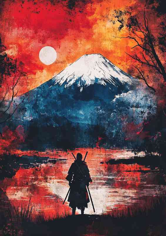 Samurai standing in front of Mount Fuji a red sky at night