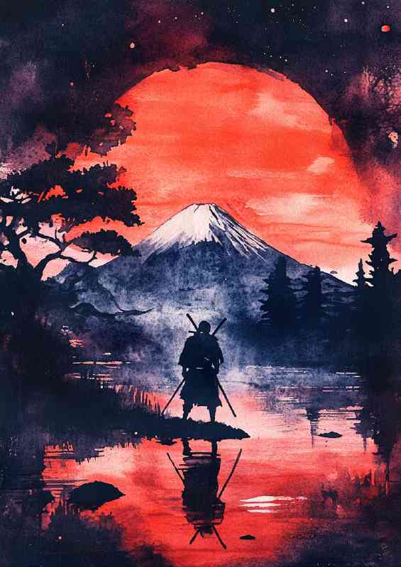 Samurai standing in front of Mount Fuji night time reflection