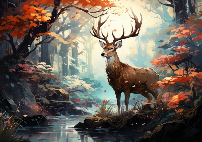 A Deer in the forest with lots of trees and a stream