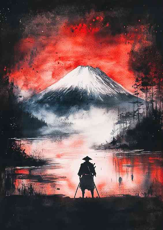 Samurai standing in front of Mount Fuji nighttime
