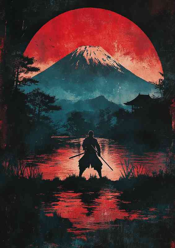 Samurai standing in front of the silhouette of Mountain fuji