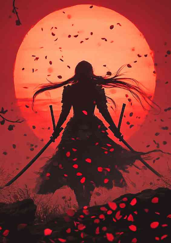 Stunning beauty is holding two swords in the distance red leaves