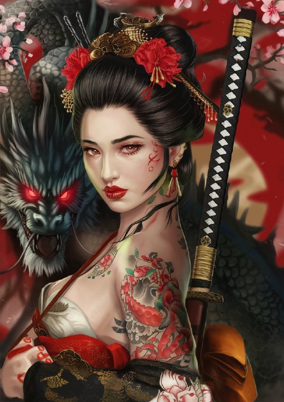Woman adorned in traditional japanese attire holding sword