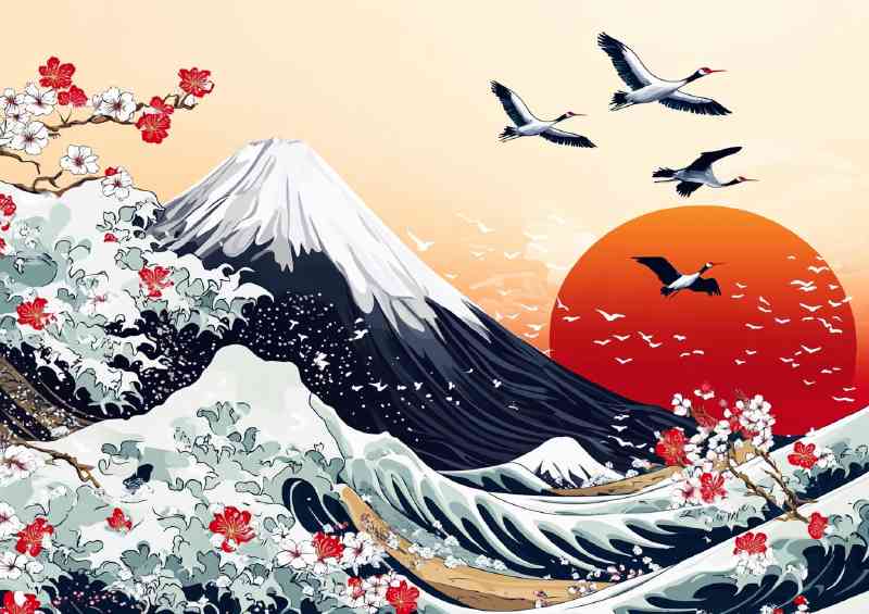 Japanese motif art of Mount Fuji waves birds flying