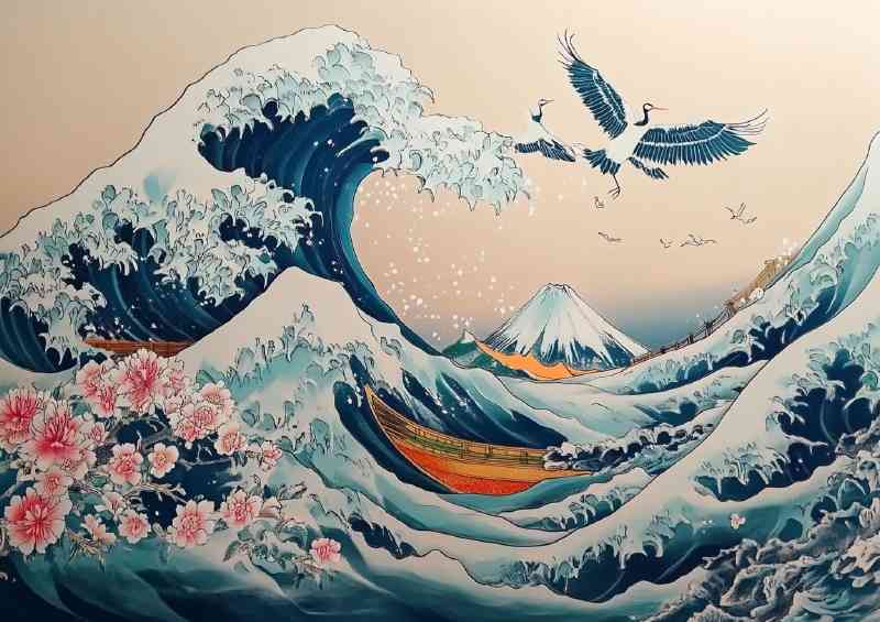 Japanese motif art of Mount Fuji with large waves