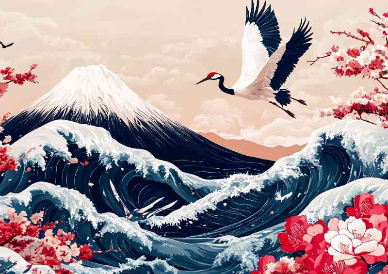 Japanese motif art of Mount Fuji with large waves crane bird