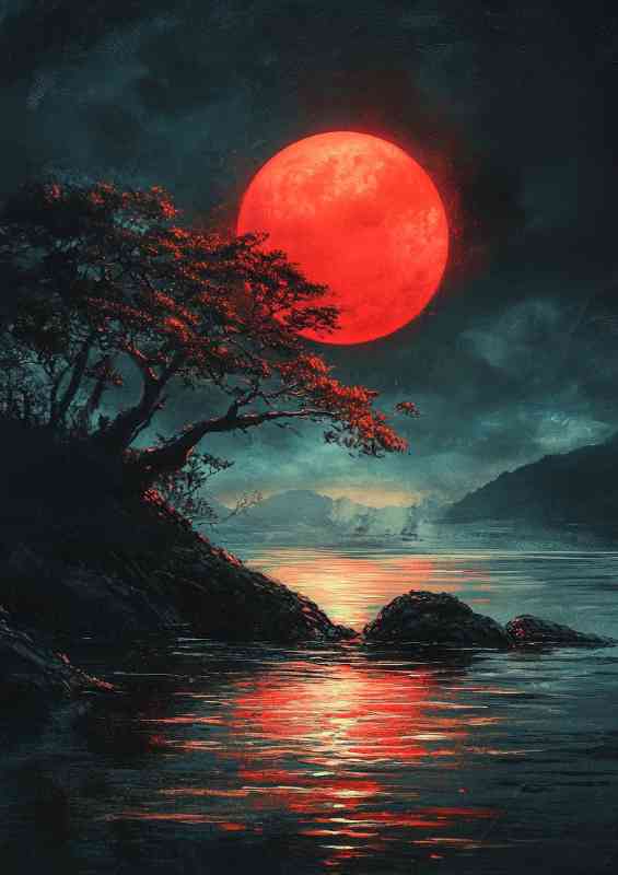 Japanese landscape dark fantasy art style colorful moon