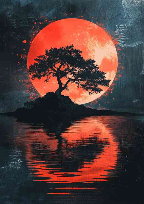 Japanese landscape dark fantasy art style colorful red moon