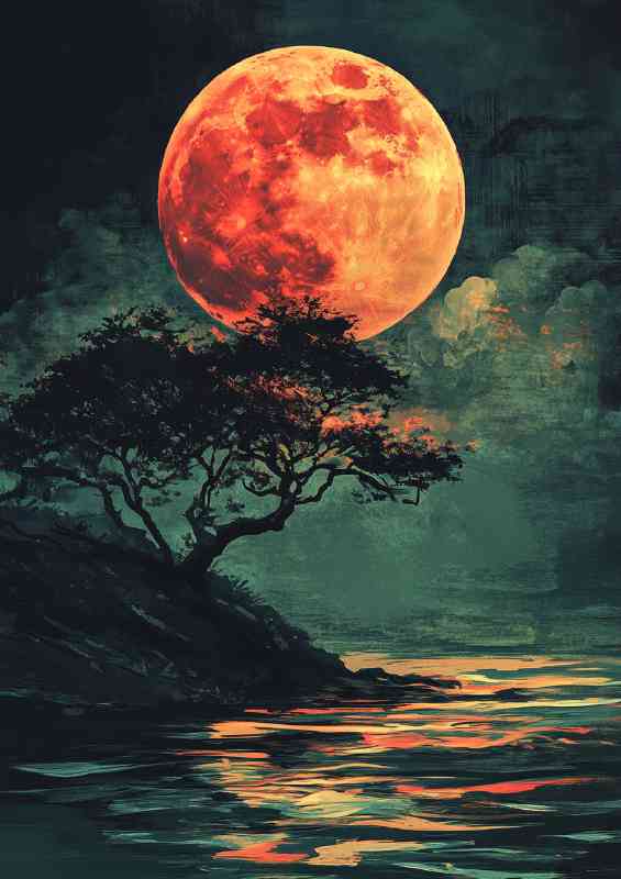 Japanese landscape dark fantasy red moon