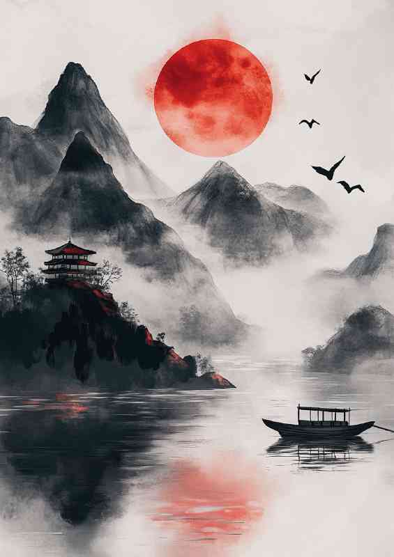 Japanese landscape with mountains boat and temple