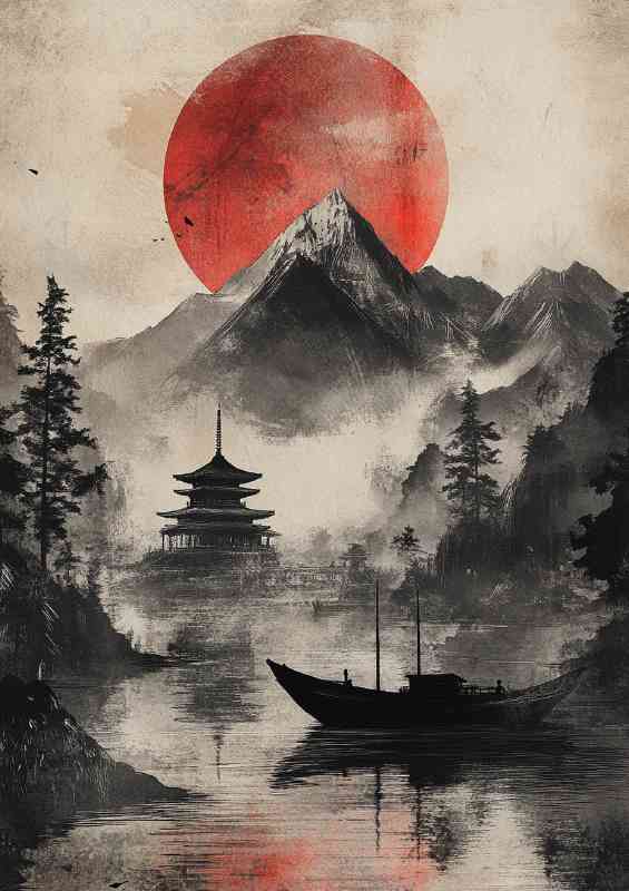 Japanese landscape with mountains red sun and a black inked