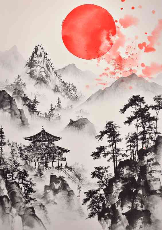 Japanese painting depicting mountains with red sun