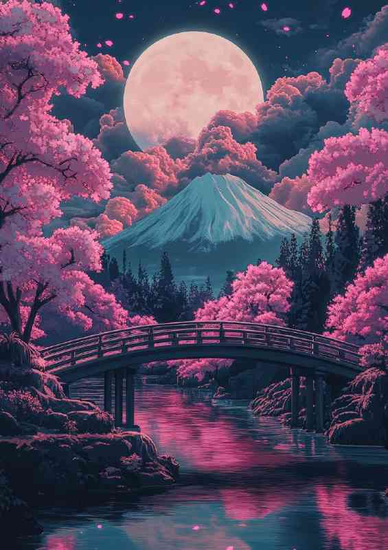 Japanese scenery bridge over river with sakura tree