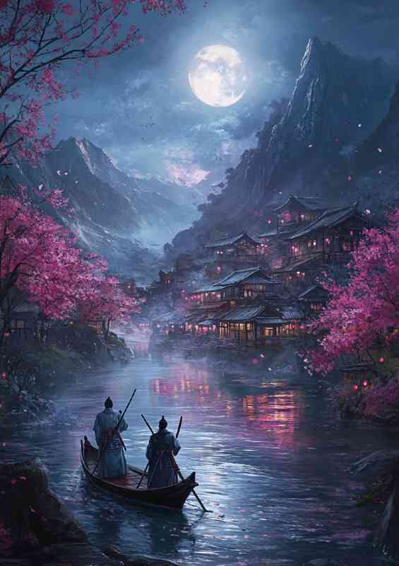 Japanese style dark fantasy landscape with cherry blossom trees moon mist