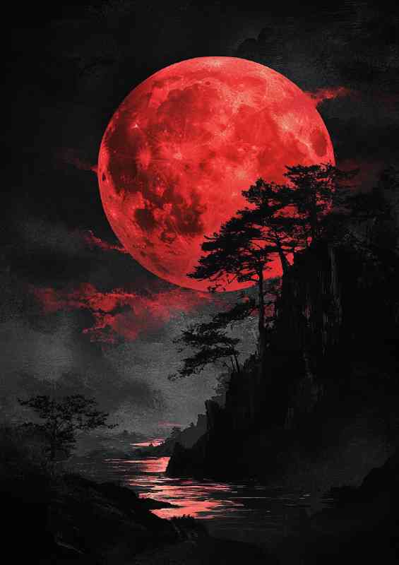 Red full moon black sky Japanese landscape dark fantasy