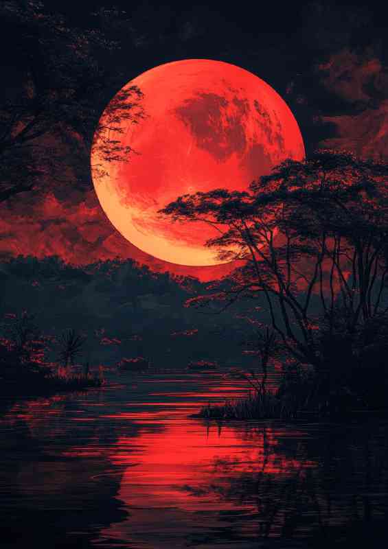 Red moon black sky Japanese landscape dark fantasy