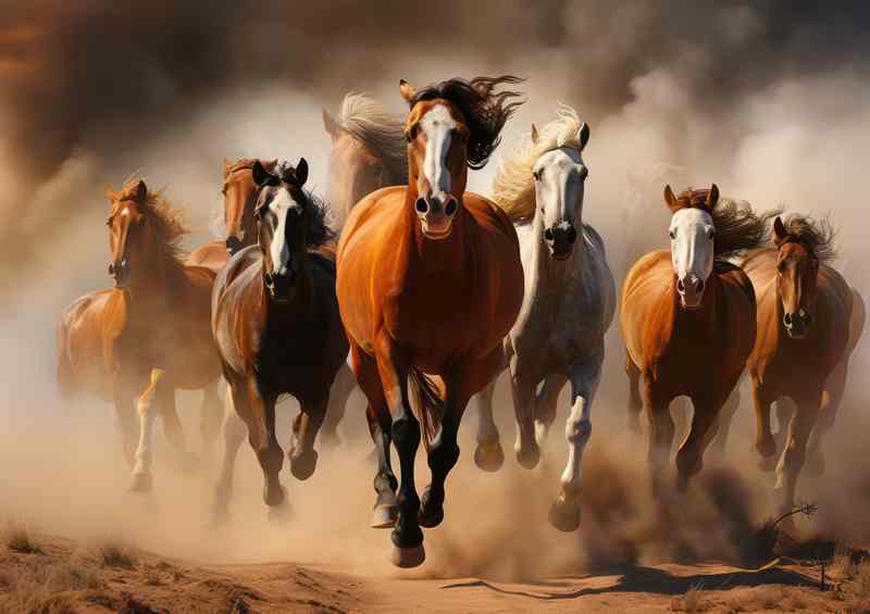 A Large group of horses running on a dirt road