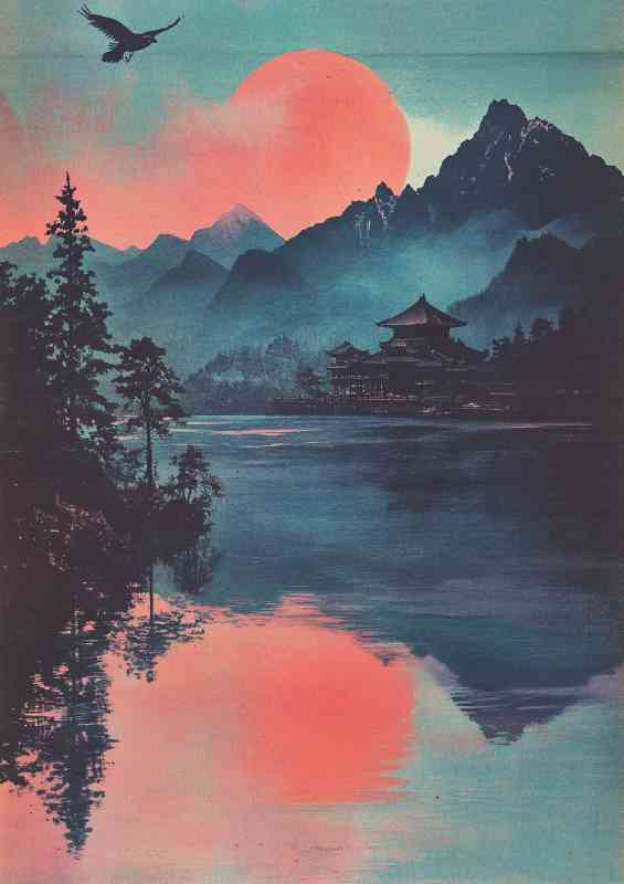 Vintage Japanese postcard mountains lake