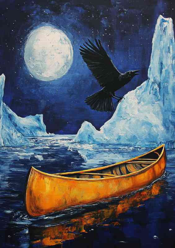 Canoe floating on the water under which there is an black crow