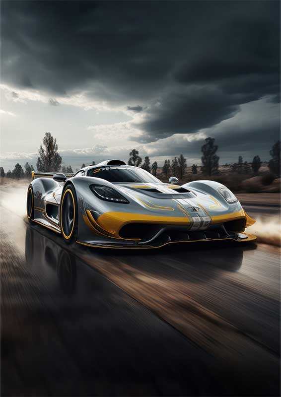 Grey And Yellow Sports Car Flying Along The Road