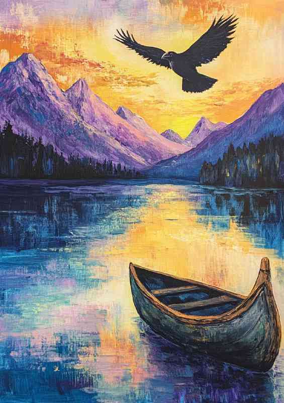 Raven flying over the lake next to it is an old wooden boat