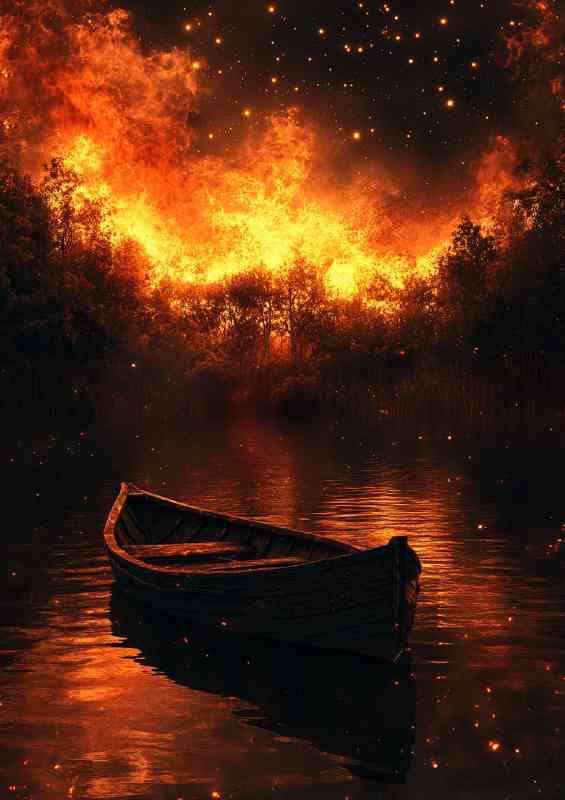 Small wooden boat on the river the reflection of the burning fire