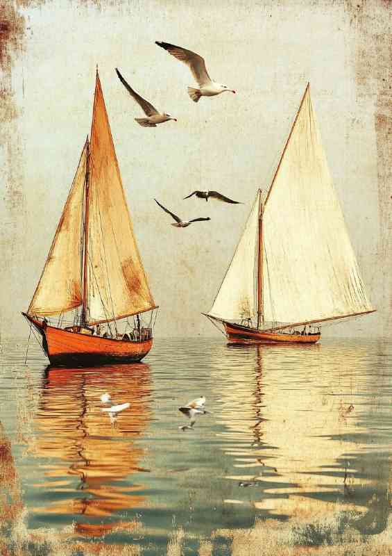 Two sailboats on the water one with white sails