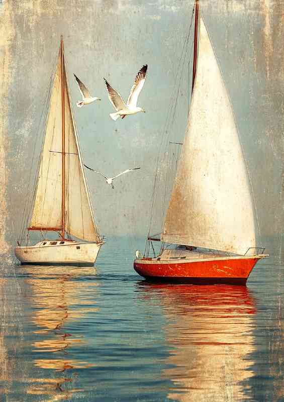 Two sailboats on the water seaguls flying high