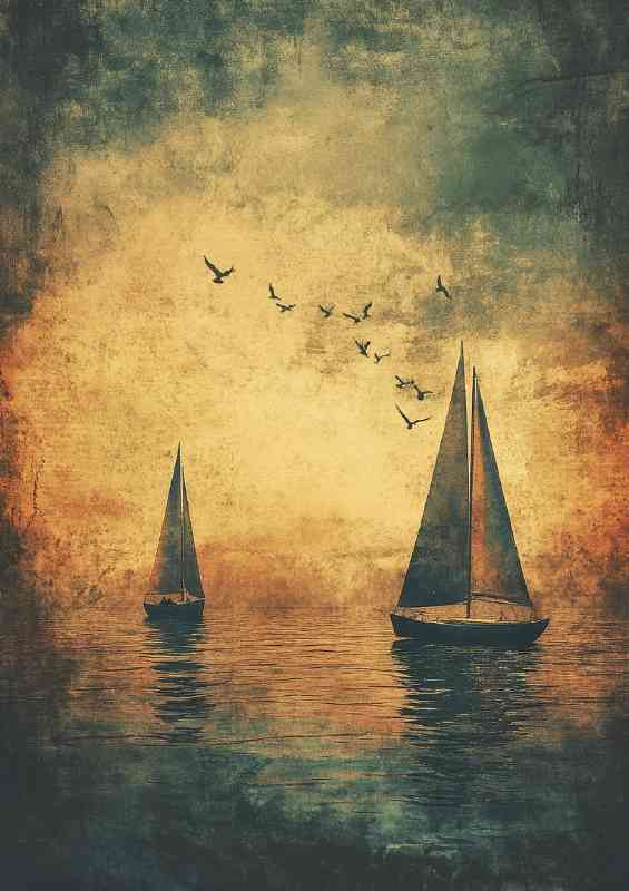 Two sailboats on the water with birds flying