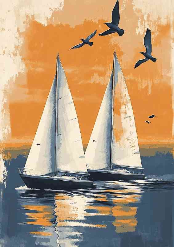 Two sailboats on the water with birds flying overhead
