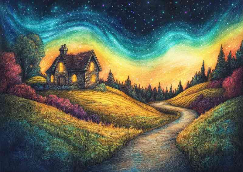 A beautiful pencil drawing of an old English cottage night skies