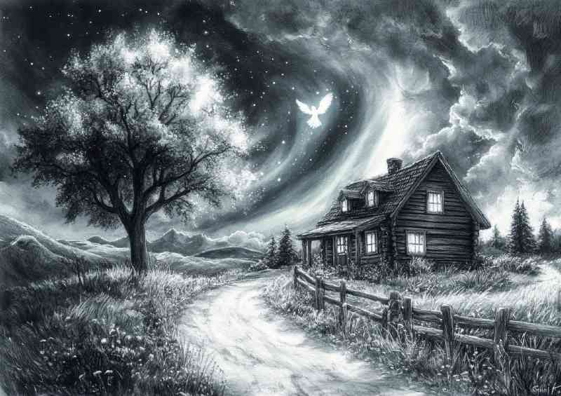 A beautiful pencil drawing of an old cottage