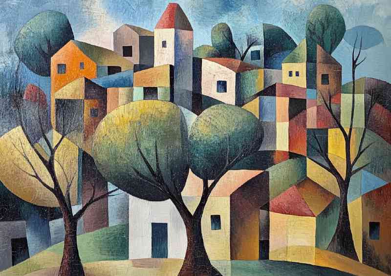 A cubist painting of a small town with trees and buildings