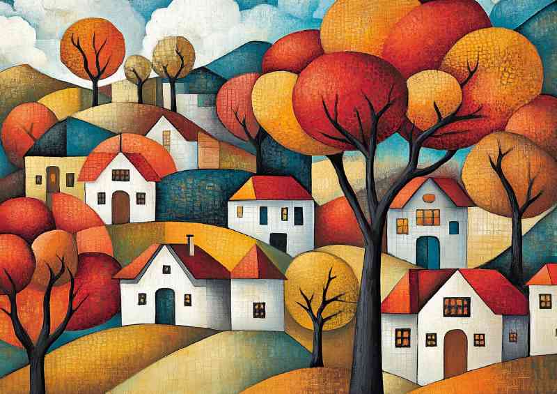 Abstract cubist painting depicting trees and house colourful