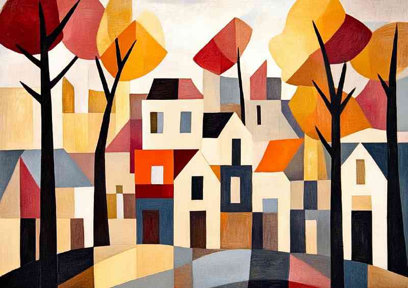 Abstract cubist painting depicting trees and house in auntum