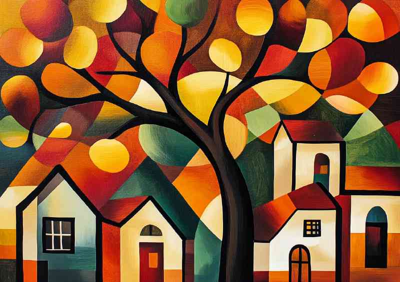 Abstract cubist painting depicting trees and house wind blowing