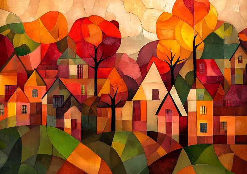 Autumn village colours in the style of cubist