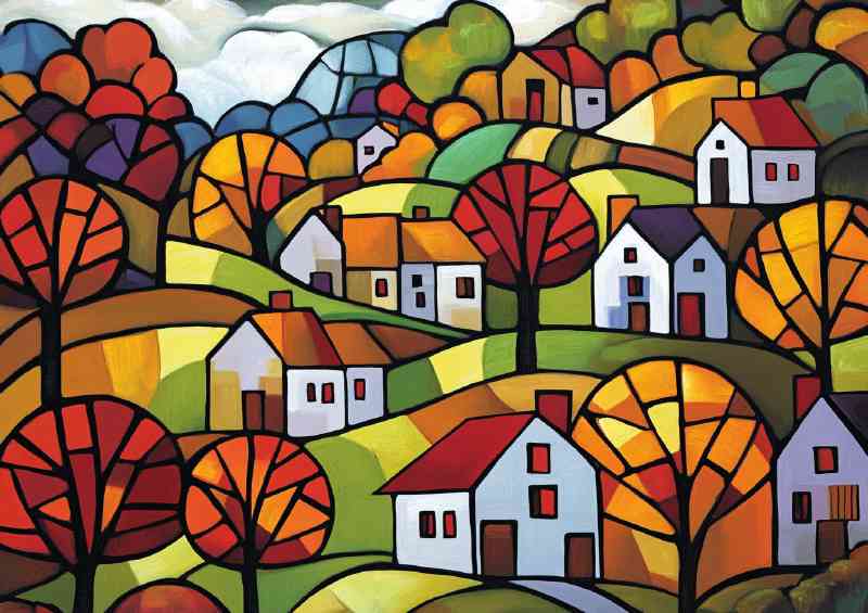 Autumn village in the style of cubist