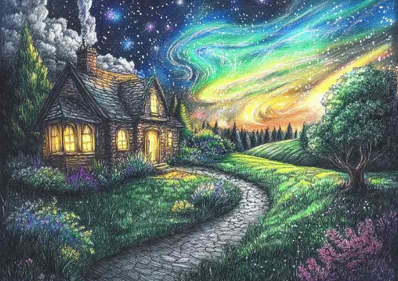 Beautiful pencil drawing of an old English cottage landscape