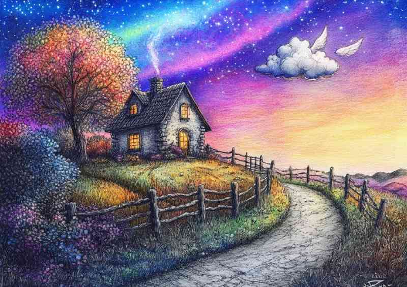 Beautiful pencil drawing of an old cottage
