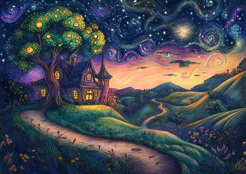 Colorful drawing of an old witchs house