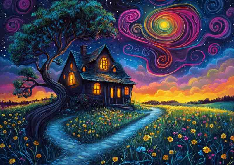 Detailed painting of an old house in the hils swirly winds