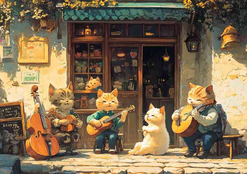 Street scene with cats and dogs playing music