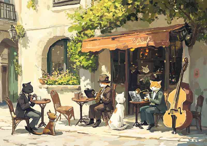 Street scene with cute cats and dogs sitting music