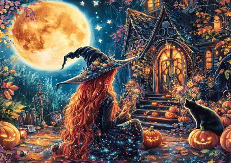 Witch with long red hair and a black cat full glowing moon