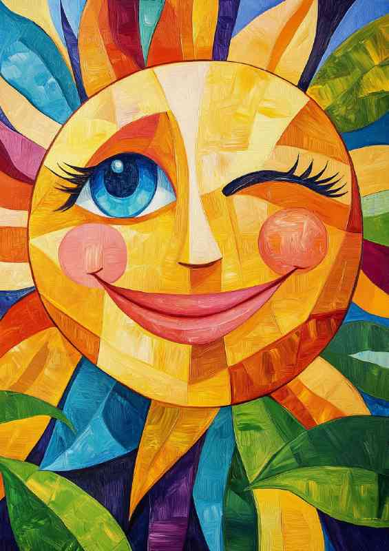 Abstract colorful painting of a happy smiling sun