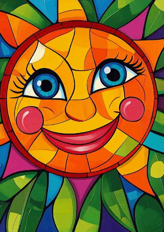 Abstract colorful painting of a happy smiling sun with red cheeks