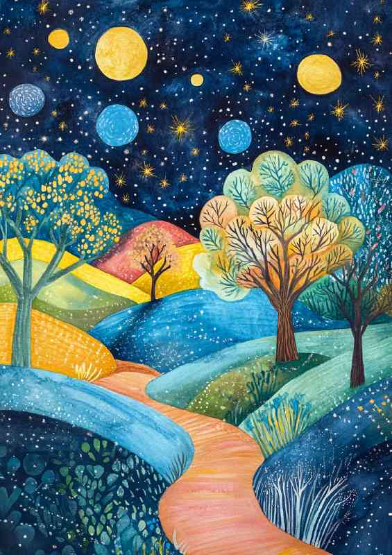 Landscape painting with trees and hills